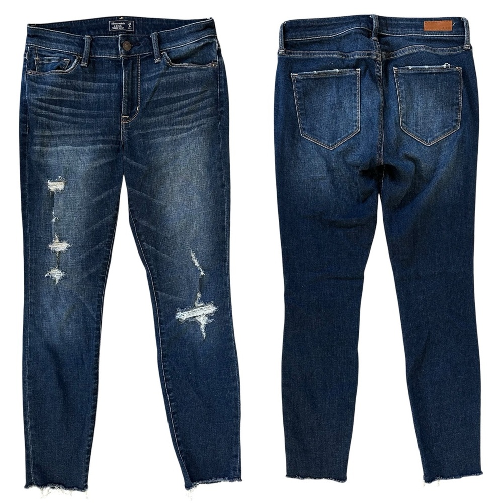 Abercrombie "Harper Ankle" Dark Wash Raw Hem Skinny Distressed Jeans Size 0/25